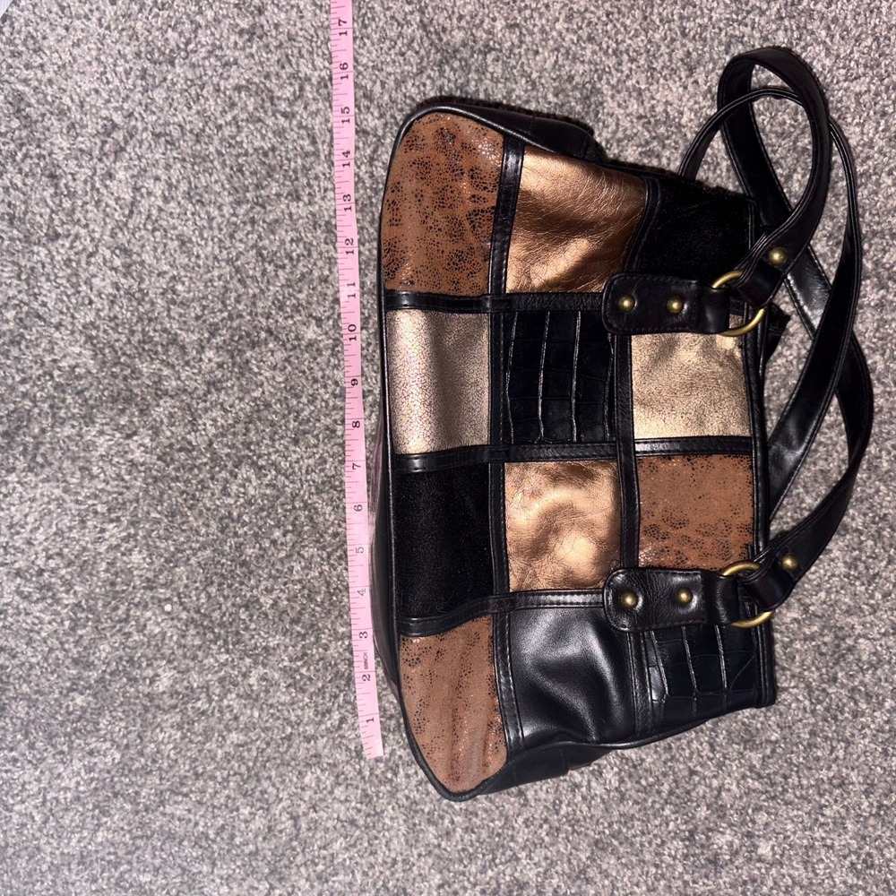 Chic Patchwork Satchel Bag Metallic Bronze Black Leather Accent Shoulder Bag